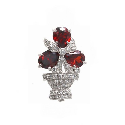 Sterling Silver Pin 3 Garnet Cubic Zirconia+Clear Cubic Zirconia Flower Pot