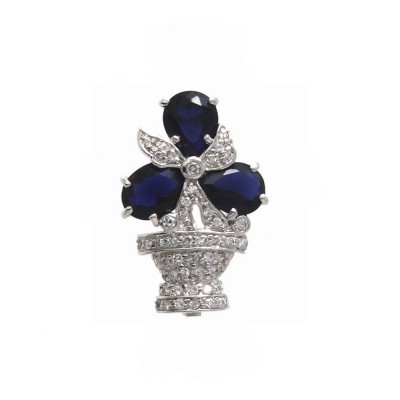 Sterling Silver Pin 3 Sapphire Glass+Clear Cubic Zirconia Flower Pot