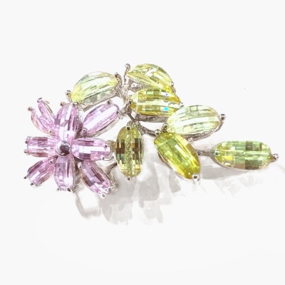 Sterling Silver Pin 7 Barrel Cut Oval Light Per.Cubic Zirconia with Pink Cubic Zirconia Flower