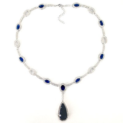 Brass Necklace Oval+Teardrop Syn. Sapphire Blue, Blue