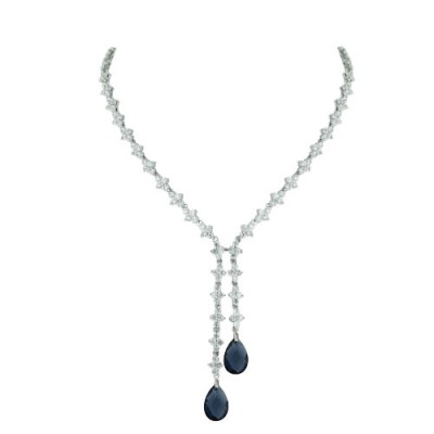 Brass Necklace Clear Cz Flower+Sapphire Glass Tear, Clear