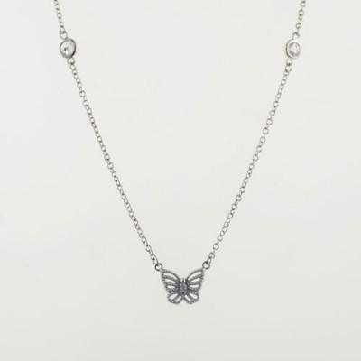Brass Necklace 16 Inches W/ Butterfly W/ 2 Clear C, Clear