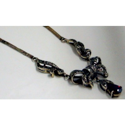 Marcasite Necklace Bow+Garnet Tear Drop