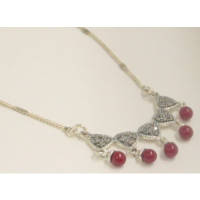 Marcasite Necklace 5 Hearts Marcasite Faux Coral Beads with Singl