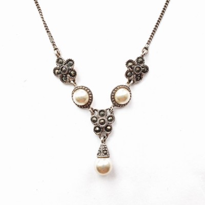 Marcasite Necklace 16 In. 3 7mm White Faux Pearl Dangling Flo
