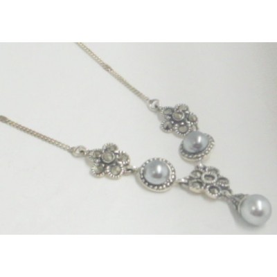 Marcasite Necklace 16 In. 3 7mm Gray Faux Pearl Dangling Flow