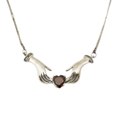 Marcasite Necklace 2 Hand Hold Heart Garnet