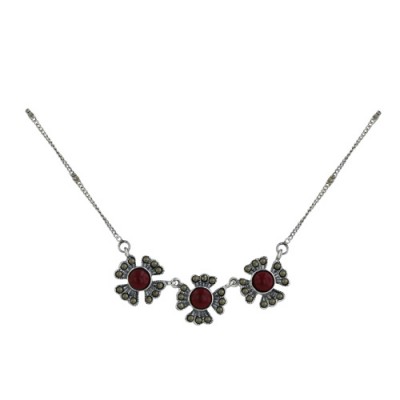 Marcasite Necklace 3Pc Faux Coral Flower 16"