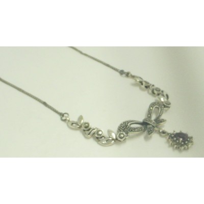 Marcasite Bow with Tear-Drop Amethyst Necklace