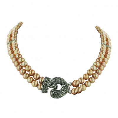 Marcasite Necklace Champagne Gold Fresh Water Pearl 7.5 mm + 2 Marcasite Bar + Arrow