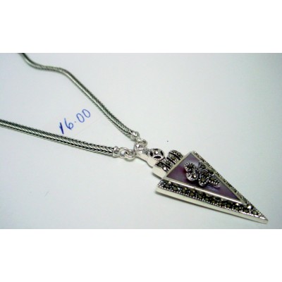 Marcasite Necklace Triangle Pink Mother of Pearl, with Rope Chain