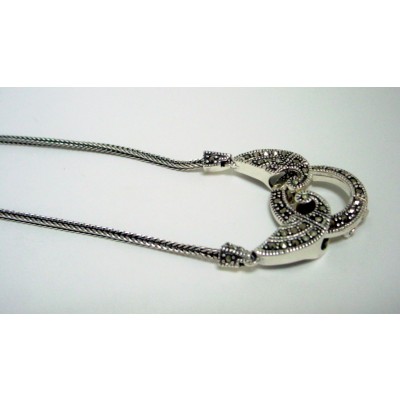 Marcasite Necklace Open Locket Feather Shape Side 20"