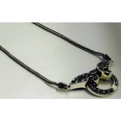 Marcasite Necklace Open Locket Feather Shape Side 16"