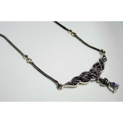 Marcasite Necklace Crown with Teardrop Clear Cubic Zirconia Dangle