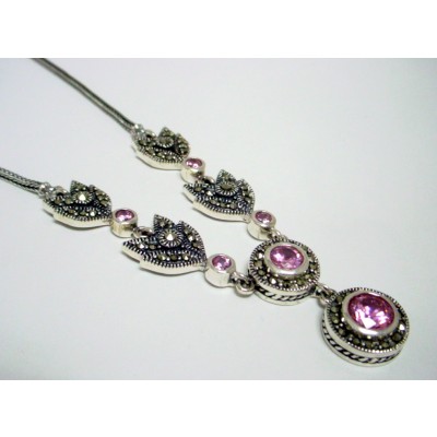 Marcasite Necklace Box Chain Flower Stems with 6 Round Pnk