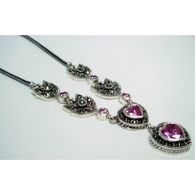 Marcasite Necklace Box Chain Flower Stems with 2 Round Pink C