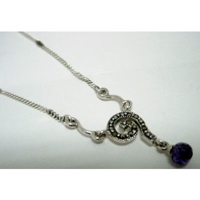 Marcasite Necklace Swirl with Round Amethyst Cubic Zirconia Briolette Double Lin