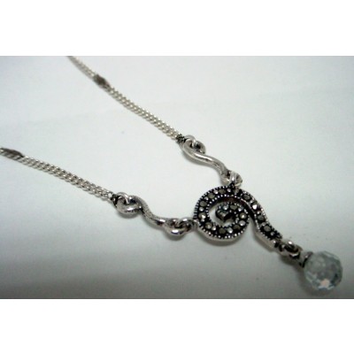 Marcasite Necklace Swirl with Round Clear Cubic Zirconia Briolette Double Li