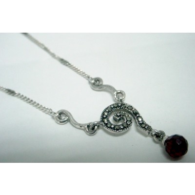 Marcasite Necklace Swirl with Round Grnt Cubic Zirconia Briolette Double L