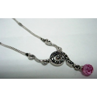 Marcasite Necklace Swirl with Round Pnk Cubic Zirconia Briolette Double Li