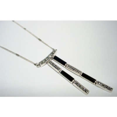 Marcasite Necklace T Shape Drop with Marcasite+Onyx Bar
