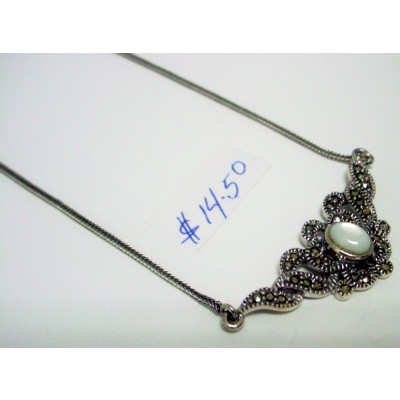 Marcasite Necklace Victorian Oval Mother of Pearl White +Foxtail Chai