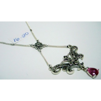 Marcasite Necklace Victorian with Teardrop Pink Cubic Zirconia