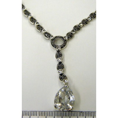 Marcasite Necklace Clear Cubic Zirconia Tear Drop Dangle