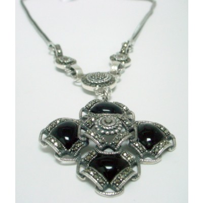 Marcasite Necklace 4 Square Onyx with Braided