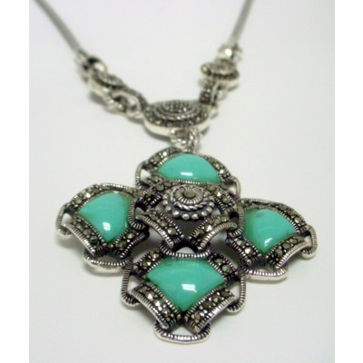 Marcasite Necklace 4 Square Turquoise with Braided