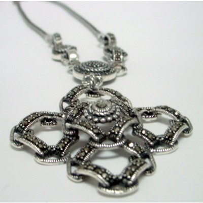 Marcasite Necklace Plain 4 Square with Braided