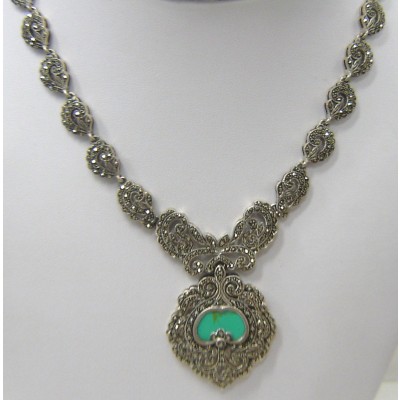 Marcasite Necklace Filigree with Apple Shape Faux Turquoise
