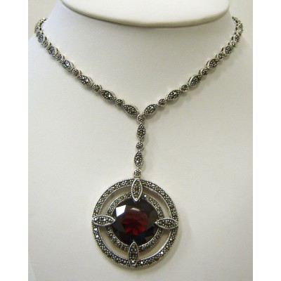 Marcasite Necklace 20mm Round Garnet Cubic Zirconia
