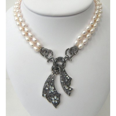 Marcasite Necklace White Fresh Water Pearl with Mother of Pearl Flower+Heart Knot