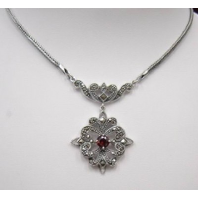 Marcasite Necklace Open Flower with Garnet Cubic Zirconia