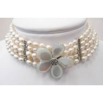 Marcasite Necklace 5 Strand White Fresh Water Pearl with Mother of Pearl Flower