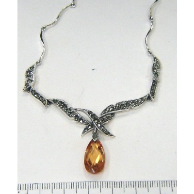 Marcasite Necklace Wavy with Chess Cut Champagne Cubic Zirconia Drop 16"
