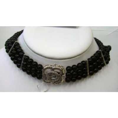 Marcasite Necklace 3 Strand Onyx Ball with Marcasite Bar+Flower 15.5