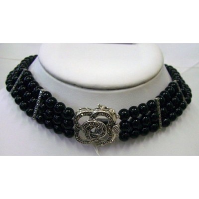 Marcasite Necklace 3 Strand Onyx Ball with Marcasite Bar+Flower 15"