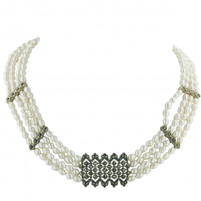 Marcasite Necklace 4 Strand (276Pcs) White Fresh Water Pearl with Marcasite Piece