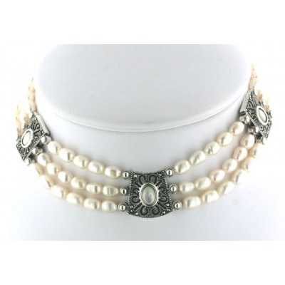 Marcasite Necklace (144Pcs) 3 Strand White Fresh Water Pearl with 5Pcs Olivine