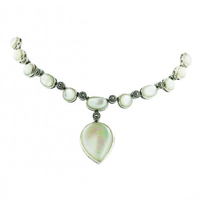 Marcasite Necklace Oval+Tear Drop White Mother of Pearl