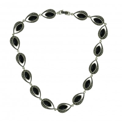 Marcasite Necklace 16 in 19X14mm Onyx Marquis with Outer Pave Marcasite