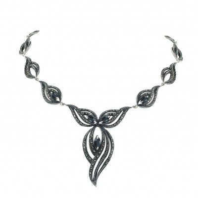 Marcasite Necklace Double Wavy Lines+Marquis Black Cubic Zirconia Links