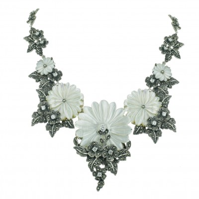 Marcasite Necklace White Mother of Pearl+Marcasite Clear Cubic Zirconia Flower