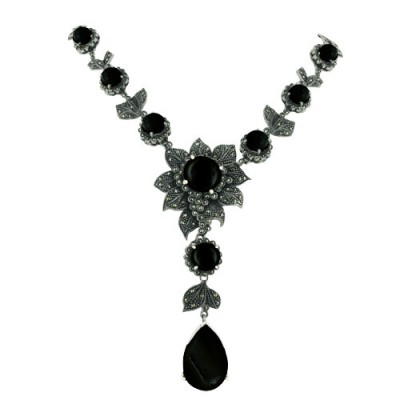 Marcasite Necklace Onyx Round Dome Cabochon with Garnet Cubic Zirconia Tear Drop+Ro