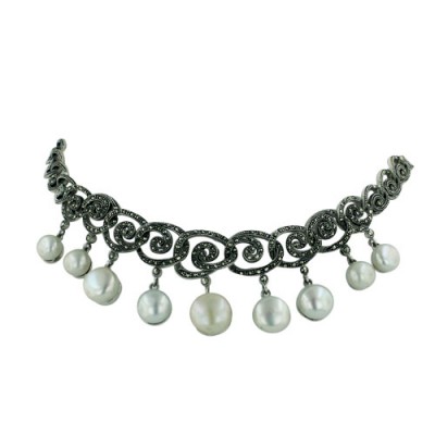 Marcasite Necklace 9 Fresh Water Pearl Drops (10mm Center