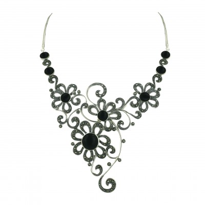 Marcasite Necklace with Flower and Round Onyx