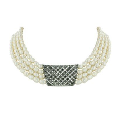 Marcasite Necklace White Fresh Water Pearl with Marcasite Trapezuid