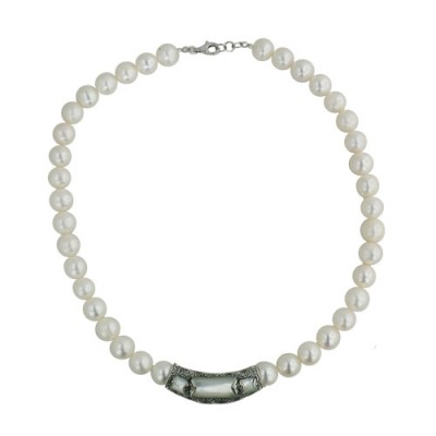 Marcasite Necklace White Mother of Pearl Tube Slider with 9-10 mm Fresh Water Pearl 16